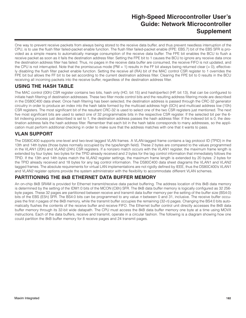 Using the hash table, Vlan support, Partitioning the 8kb ethernet data buffer memory | Maxim Integrated High-Speed Microcontroller Users Guide: Network Microcontroller Supplement User Manual | Page 182 / 221