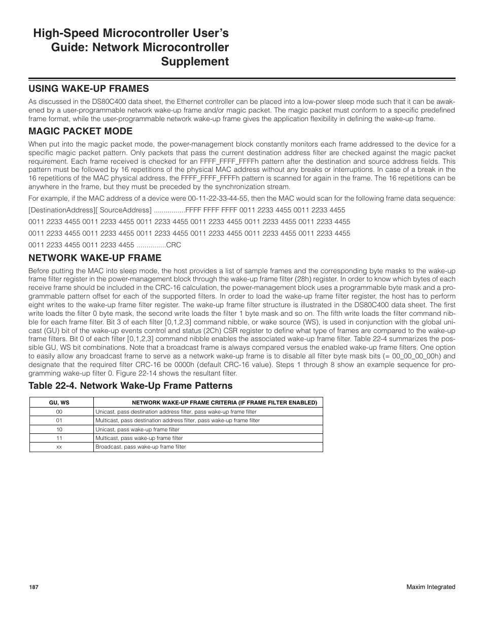 Using wake-up frames, Magic packet mode, Network wake-up frame | Table 22-4. network wake-up frame patterns | Maxim Integrated High-Speed Microcontroller Users Guide: Network Microcontroller Supplement User Manual | Page 187 / 221