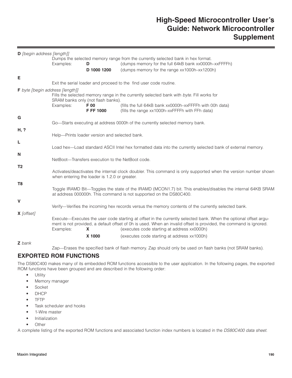 Exported ram functions, Exported rom functions | Maxim Integrated High-Speed Microcontroller Users Guide: Network Microcontroller Supplement User Manual | Page 190 / 221