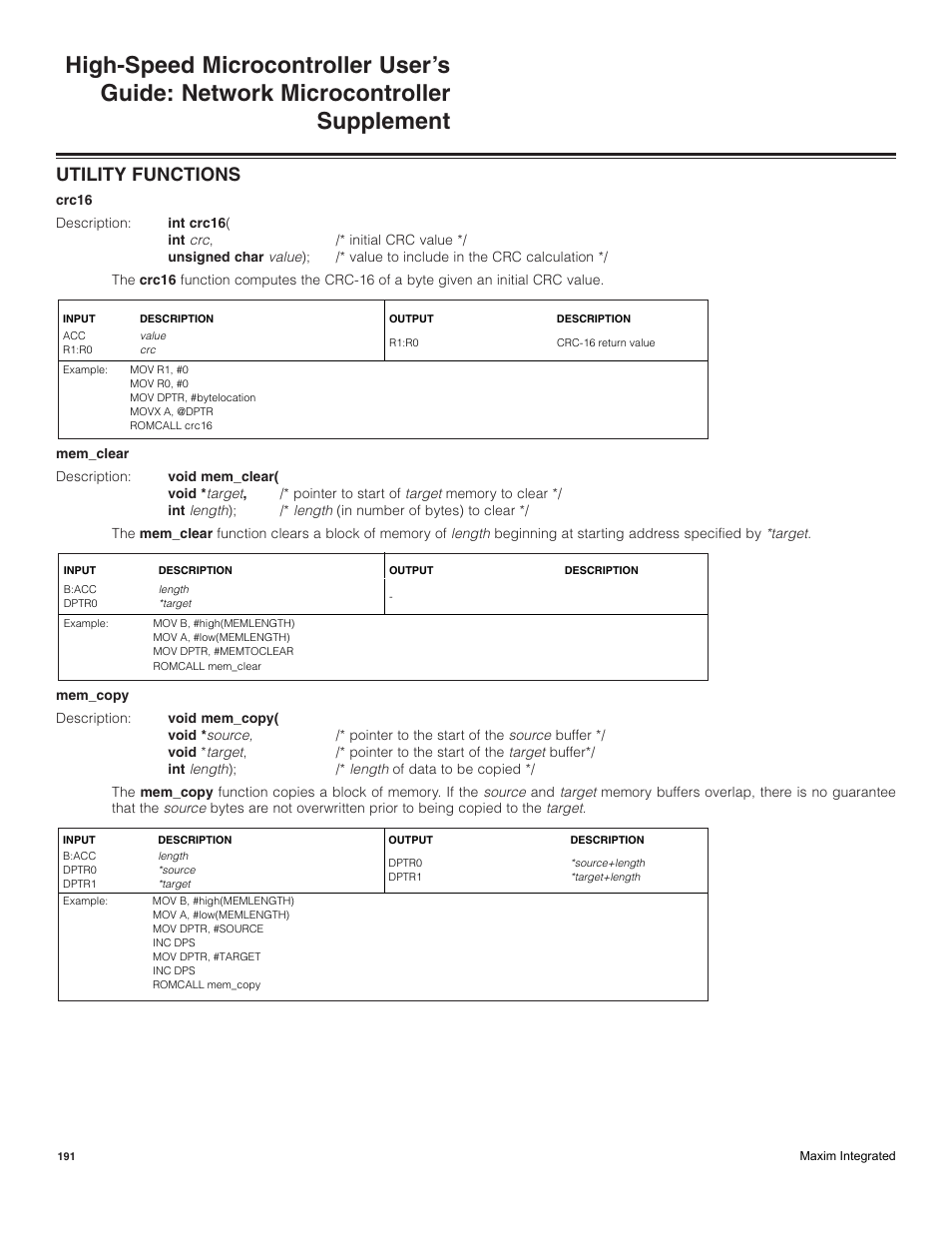 Utility functions | Maxim Integrated High-Speed Microcontroller Users Guide: Network Microcontroller Supplement User Manual | Page 191 / 221