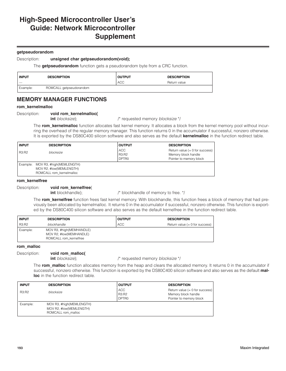 Memory manager functions | Maxim Integrated High-Speed Microcontroller Users Guide: Network Microcontroller Supplement User Manual | Page 193 / 221