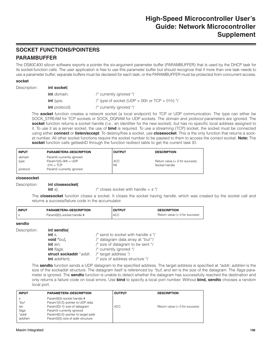Socket functions/pointers, Parambuffer, Socket functions/pointers parambuffer | Maxim Integrated High-Speed Microcontroller Users Guide: Network Microcontroller Supplement User Manual | Page 196 / 221