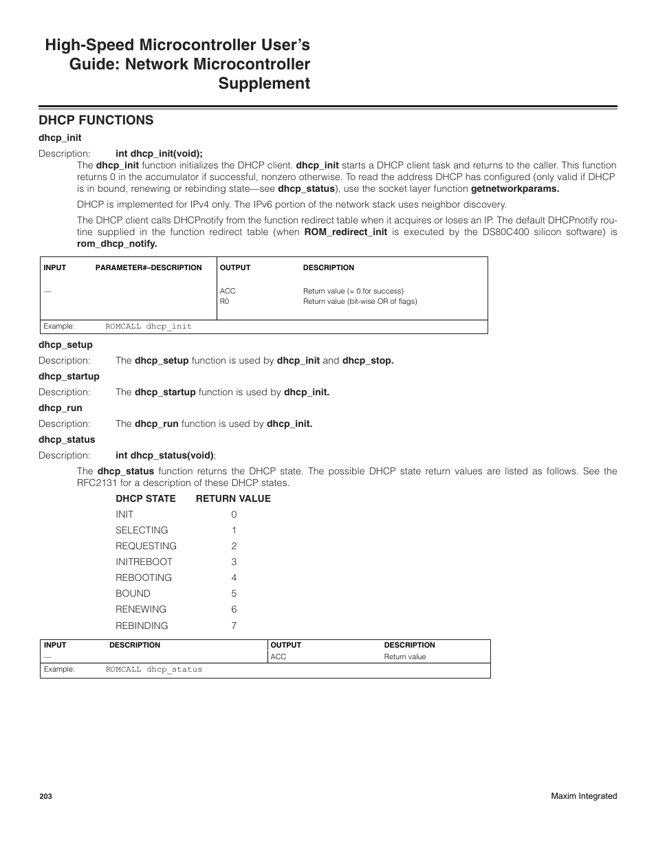Dhcp functions | Maxim Integrated High-Speed Microcontroller Users Guide: Network Microcontroller Supplement User Manual | Page 203 / 221