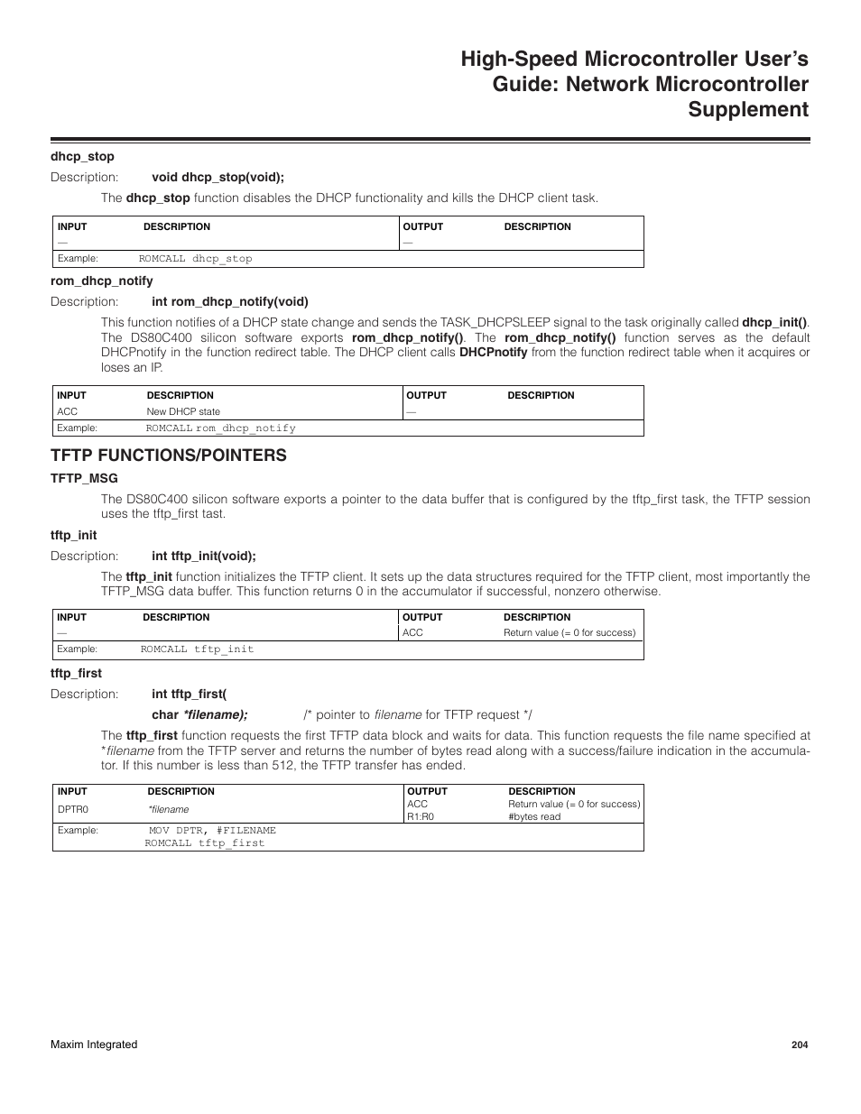 Tftp functions/pointers | Maxim Integrated High-Speed Microcontroller Users Guide: Network Microcontroller Supplement User Manual | Page 204 / 221