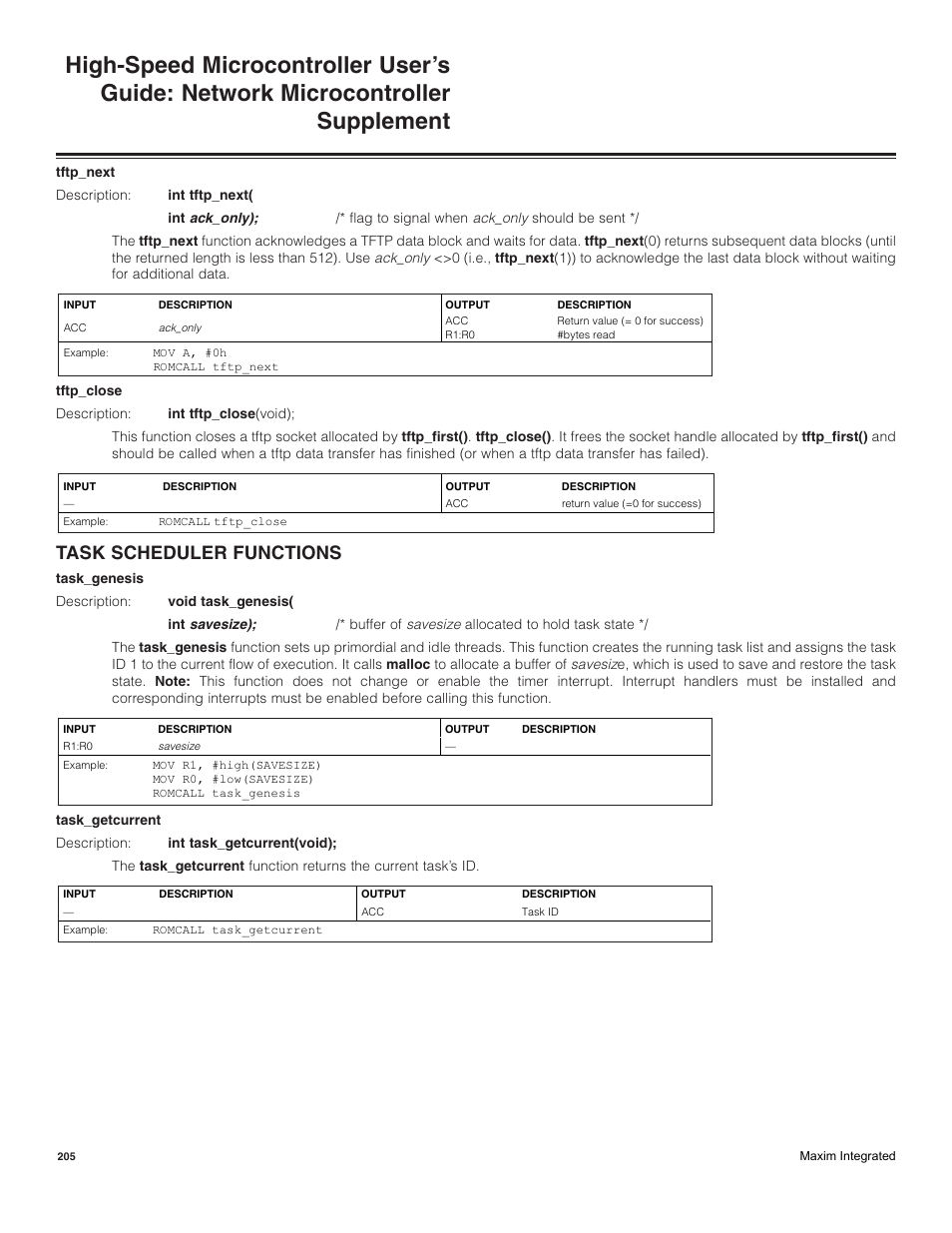 Task scheduler functions | Maxim Integrated High-Speed Microcontroller Users Guide: Network Microcontroller Supplement User Manual | Page 205 / 221