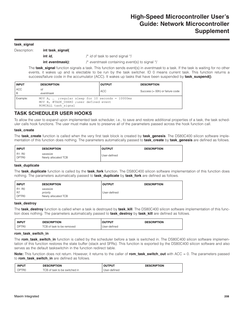 Task scheduler user hooks | Maxim Integrated High-Speed Microcontroller Users Guide: Network Microcontroller Supplement User Manual | Page 208 / 221