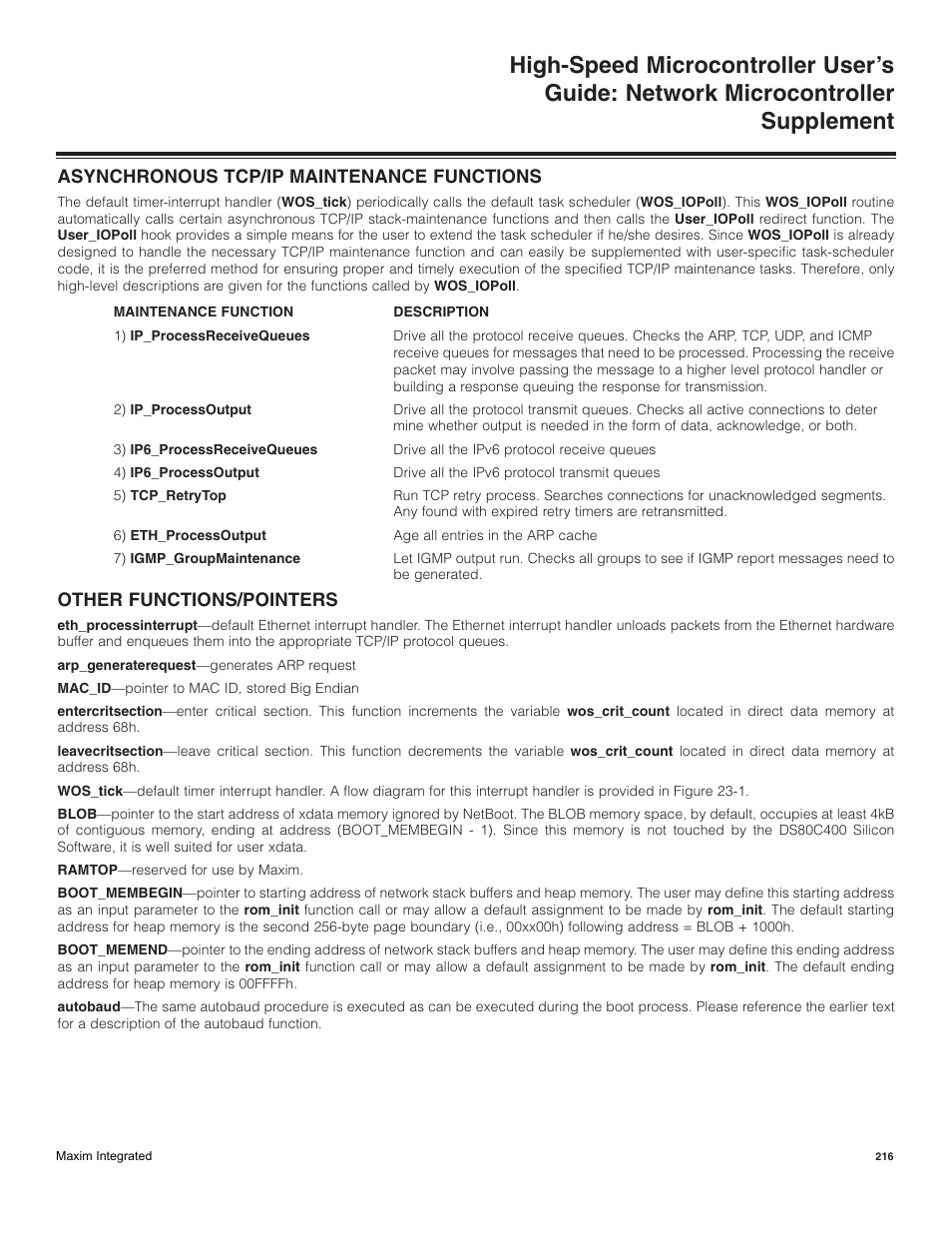 Asynchronous tcp/ip maintenance functions, Other functions/pointers | Maxim Integrated High-Speed Microcontroller Users Guide: Network Microcontroller Supplement User Manual | Page 216 / 221