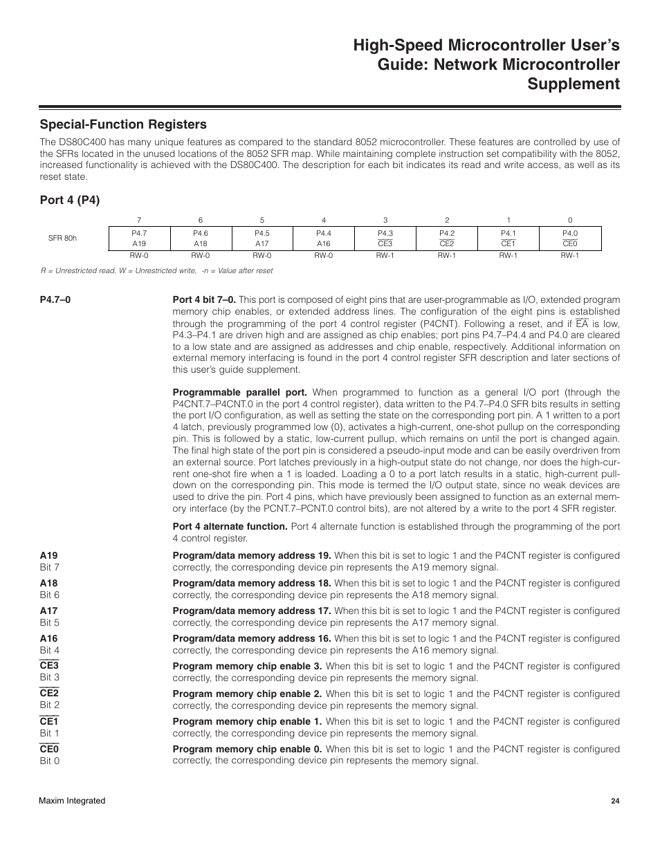 Special-function registers, Port 4 (p4) | Maxim Integrated High-Speed Microcontroller Users Guide: Network Microcontroller Supplement User Manual | Page 24 / 221