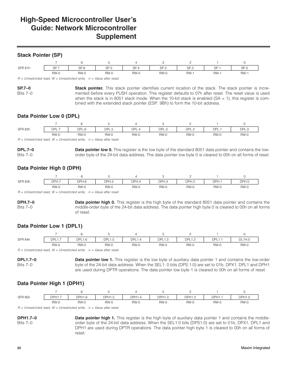 Stack pointer (sp), Data pointer low 0 (dpl), Data pointer high 0 (dph) | Data pointer low 1 (dpl1), Data pointer high 1 (dph1) | Maxim Integrated High-Speed Microcontroller Users Guide: Network Microcontroller Supplement User Manual | Page 25 / 221