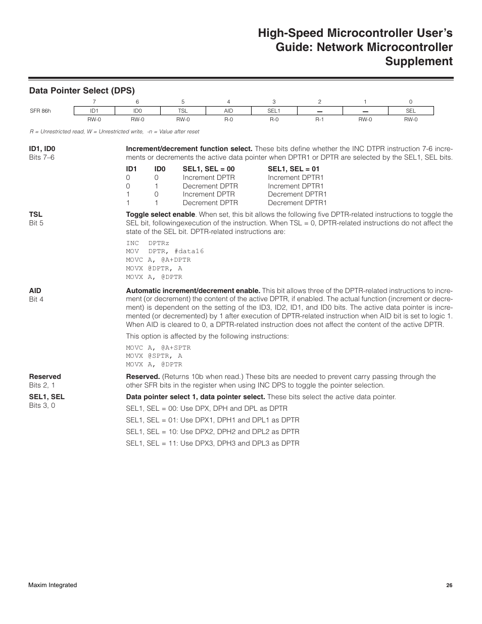 Data pointer select (dps) | Maxim Integrated High-Speed Microcontroller Users Guide: Network Microcontroller Supplement User Manual | Page 26 / 221