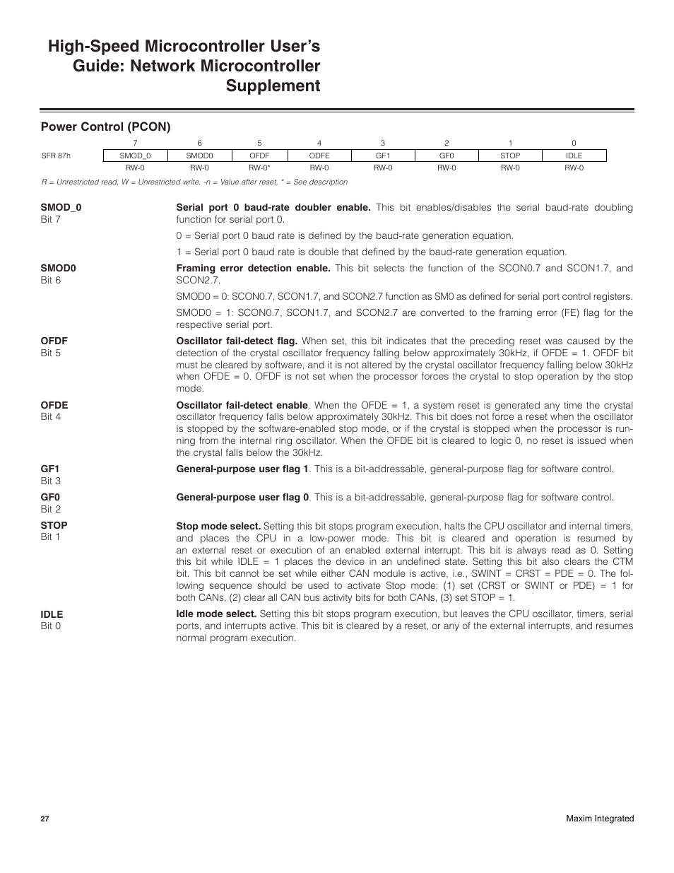 Power control (pcon) | Maxim Integrated High-Speed Microcontroller Users Guide: Network Microcontroller Supplement User Manual | Page 27 / 221