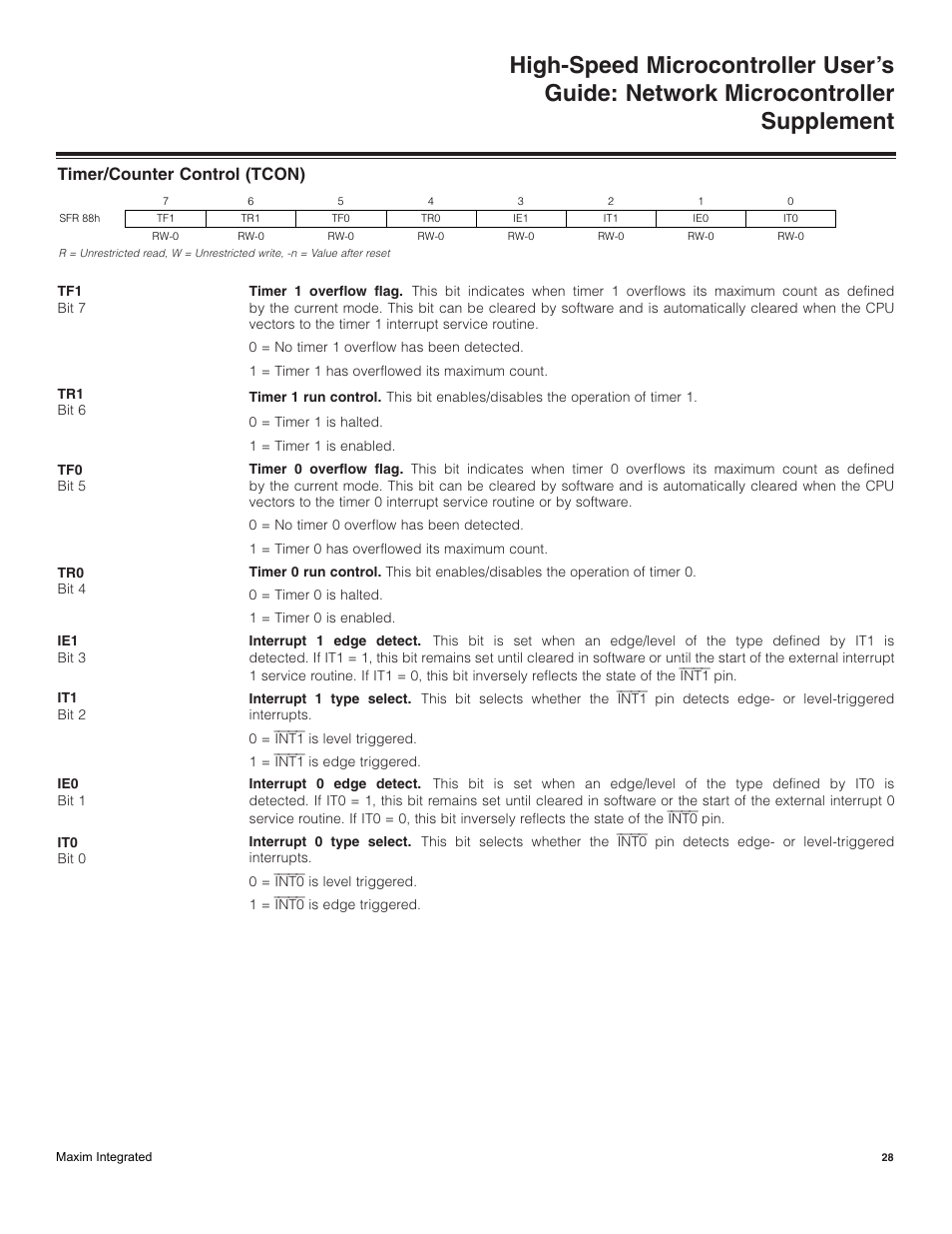 Timer/counter control (tcon) | Maxim Integrated High-Speed Microcontroller Users Guide: Network Microcontroller Supplement User Manual | Page 28 / 221