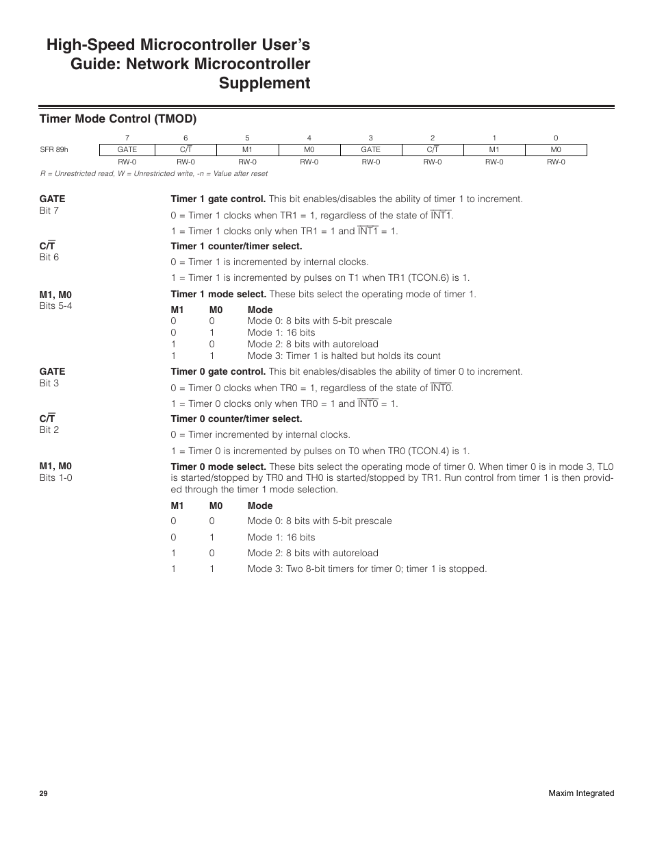 Timer mode control (tmod) | Maxim Integrated High-Speed Microcontroller Users Guide: Network Microcontroller Supplement User Manual | Page 29 / 221
