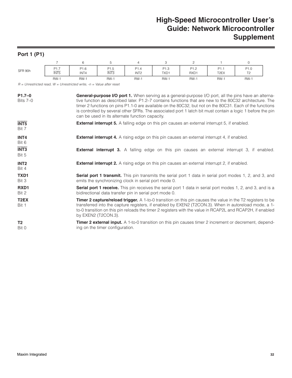 Port 1 (p1) | Maxim Integrated High-Speed Microcontroller Users Guide: Network Microcontroller Supplement User Manual | Page 32 / 221