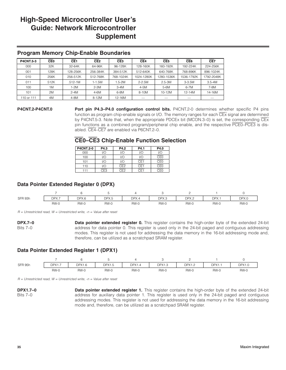 Data pointer extended register 0 (dpx), Data pointer extended register 1 (dpx1), Ce0 –ce3 chip-enable function selection | Maxim Integrated High-Speed Microcontroller Users Guide: Network Microcontroller Supplement User Manual | Page 35 / 221