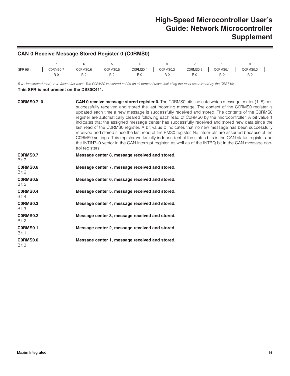 Can 0 receive message stored register 0 (c0rms0) | Maxim Integrated High-Speed Microcontroller Users Guide: Network Microcontroller Supplement User Manual | Page 36 / 221