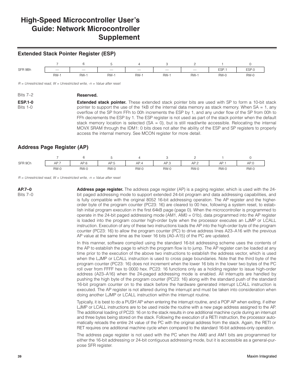 Extended stack pointer register (esp) | Maxim Integrated High-Speed Microcontroller Users Guide: Network Microcontroller Supplement User Manual | Page 39 / 221