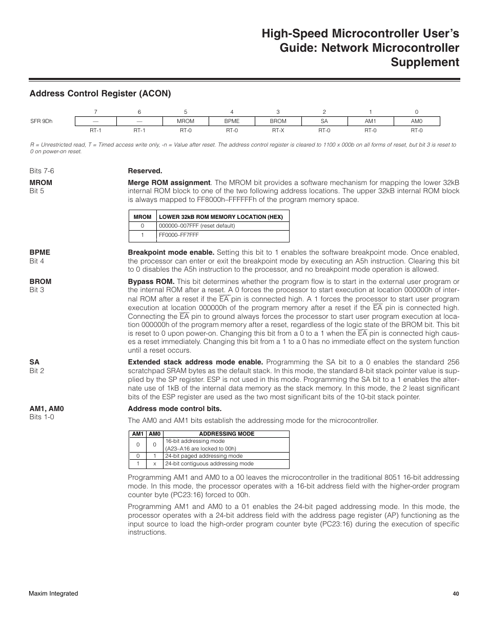 Address control register (acon) | Maxim Integrated High-Speed Microcontroller Users Guide: Network Microcontroller Supplement User Manual | Page 40 / 221