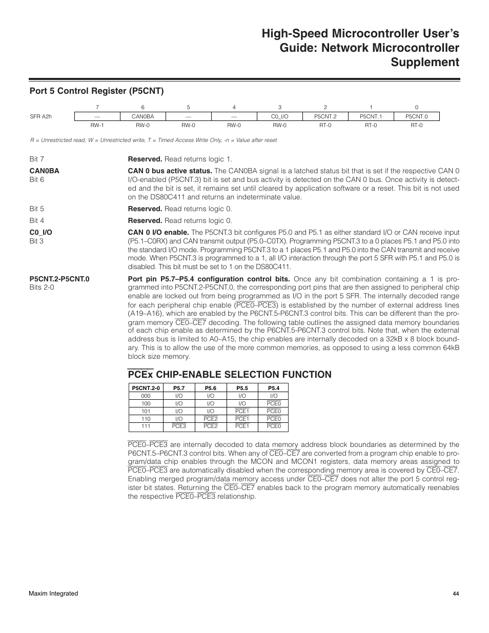 Port 5 control register (p5cnt), Pcex chip-enable selection function | Maxim Integrated High-Speed Microcontroller Users Guide: Network Microcontroller Supplement User Manual | Page 44 / 221