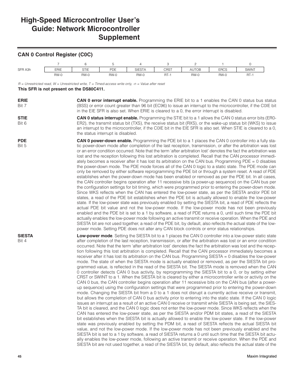 Can 0 control register (c0c) | Maxim Integrated High-Speed Microcontroller Users Guide: Network Microcontroller Supplement User Manual | Page 45 / 221