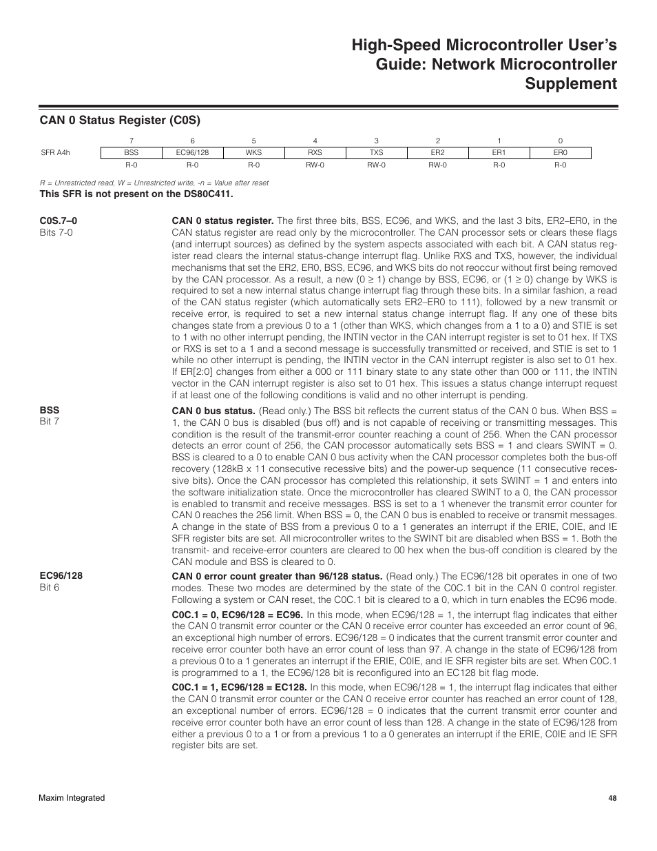 Can 0 status register (c0s) | Maxim Integrated High-Speed Microcontroller Users Guide: Network Microcontroller Supplement User Manual | Page 48 / 221