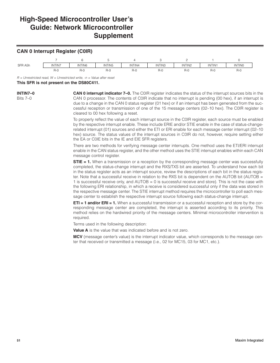 Can 0 interrupt register (c0ir) | Maxim Integrated High-Speed Microcontroller Users Guide: Network Microcontroller Supplement User Manual | Page 51 / 221
