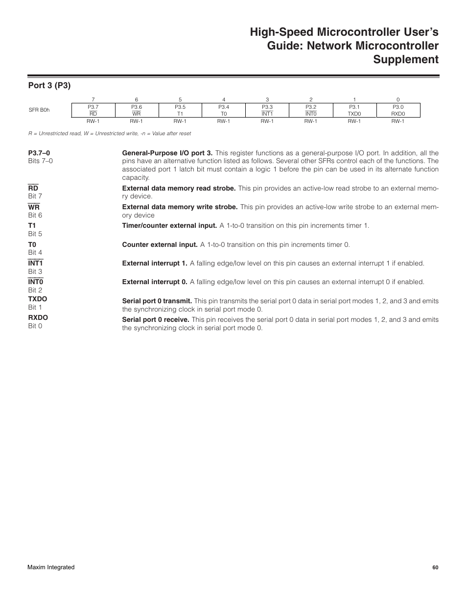 Port 3 (p3) | Maxim Integrated High-Speed Microcontroller Users Guide: Network Microcontroller Supplement User Manual | Page 60 / 221