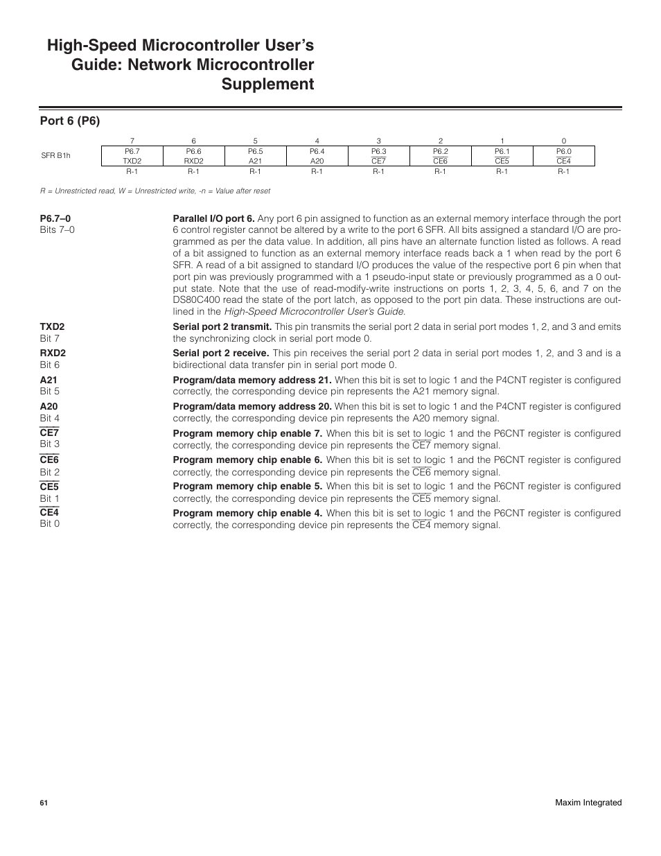 Port 6 (p6) | Maxim Integrated High-Speed Microcontroller Users Guide: Network Microcontroller Supplement User Manual | Page 61 / 221