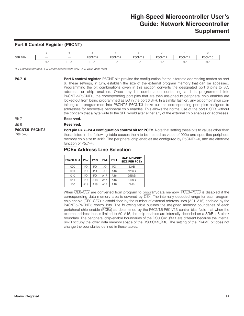 Port 6 control register (p6cnt), Pcex address line selection | Maxim Integrated High-Speed Microcontroller Users Guide: Network Microcontroller Supplement User Manual | Page 62 / 221