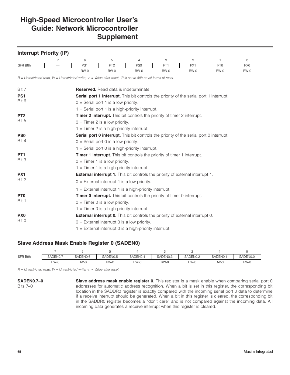 Interrupt priority (ip), Slave address mask enable register 0 (saden0) | Maxim Integrated High-Speed Microcontroller Users Guide: Network Microcontroller Supplement User Manual | Page 65 / 221