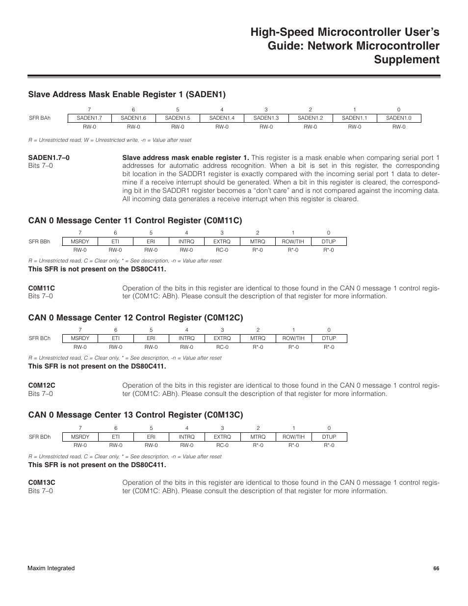 Slave address mask enable register 1 (saden1), Can 0 message center 11 control register (c0m11c), Can 0 message center 12 control register (c0m12c) | Can 0 message center 13 control register (c0m13c) | Maxim Integrated High-Speed Microcontroller Users Guide: Network Microcontroller Supplement User Manual | Page 66 / 221