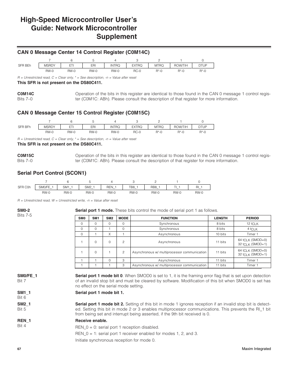 Can 0 message center 14 control register (c0m14c), Can 0 message center 15 control register (c0m15c), Serial port control (scon1) | Maxim Integrated High-Speed Microcontroller Users Guide: Network Microcontroller Supplement User Manual | Page 67 / 221