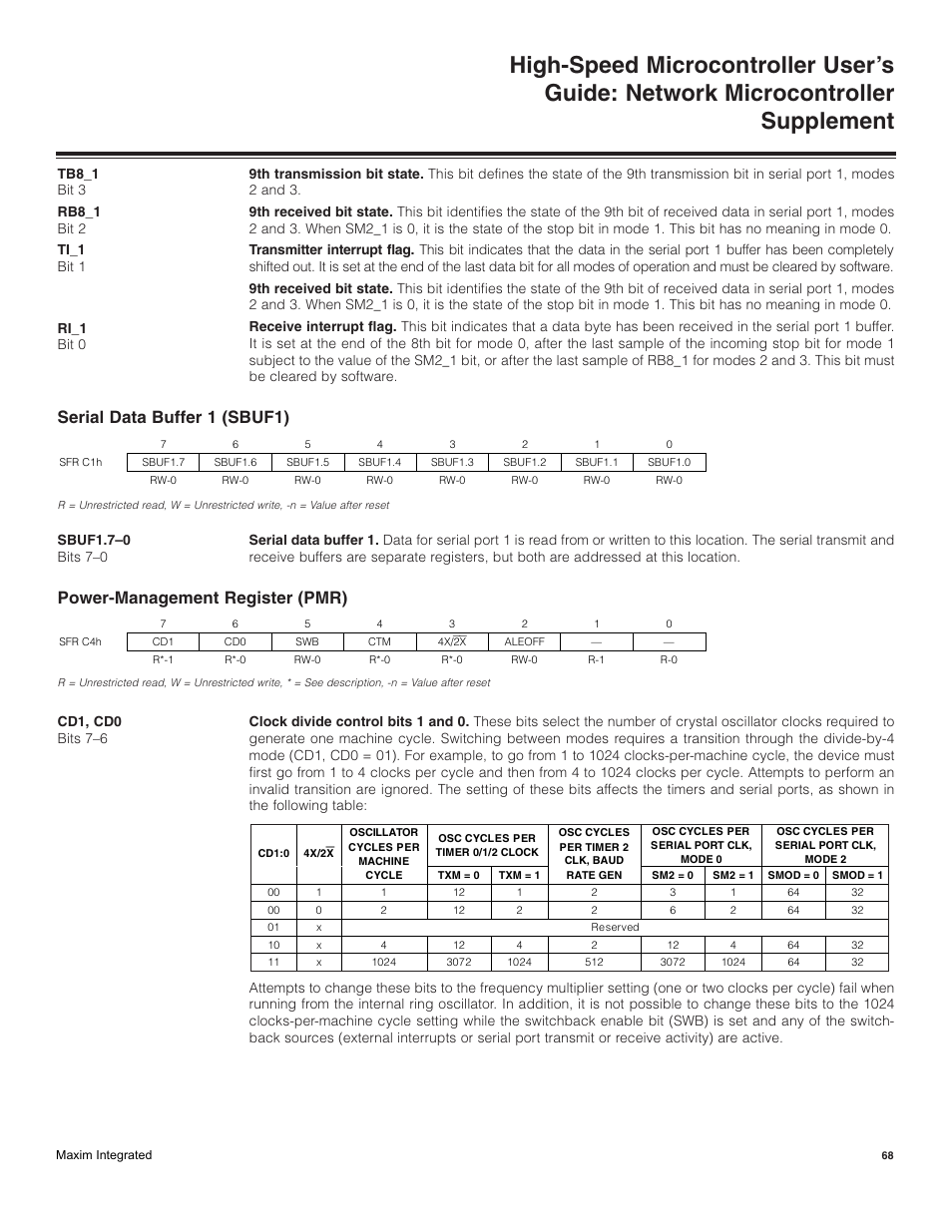 Serial data buffer 1 (sbuf1), Power-management register (pmr) | Maxim Integrated High-Speed Microcontroller Users Guide: Network Microcontroller Supplement User Manual | Page 68 / 221