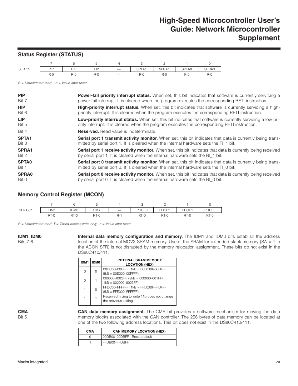 Status register (status), Memory control register (mcon) | Maxim Integrated High-Speed Microcontroller Users Guide: Network Microcontroller Supplement User Manual | Page 70 / 221
