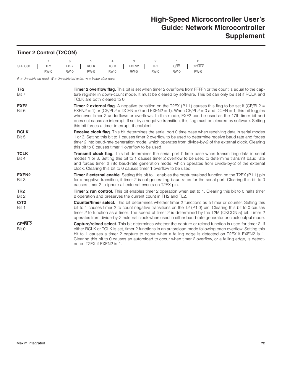 Timer 2 control (t2con) | Maxim Integrated High-Speed Microcontroller Users Guide: Network Microcontroller Supplement User Manual | Page 72 / 221