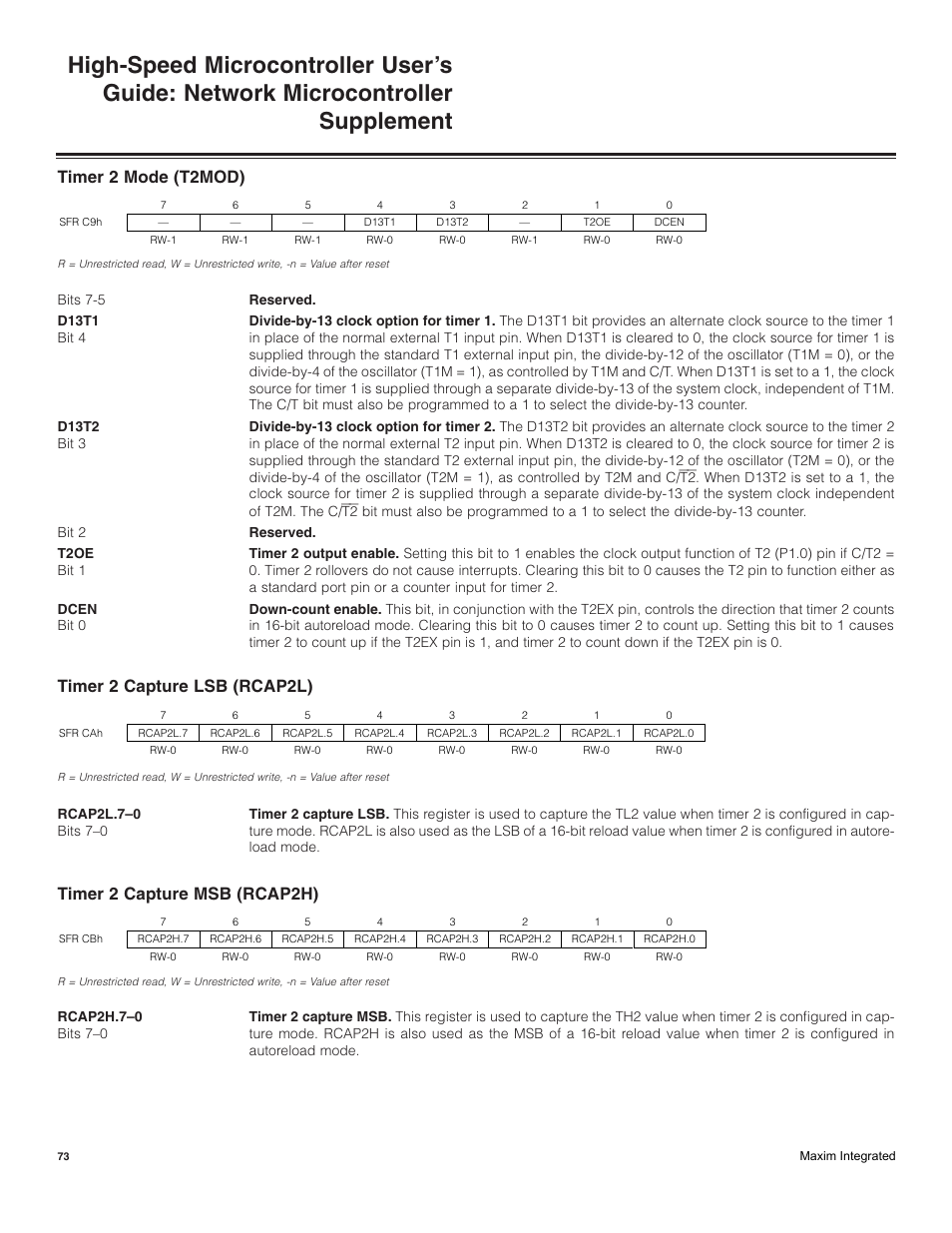 Timer 2 mode (t2mod), Timer 2 capture lsb (rcap2l), Timer 2 capture msb (rcap2h) | Maxim Integrated High-Speed Microcontroller Users Guide: Network Microcontroller Supplement User Manual | Page 73 / 221