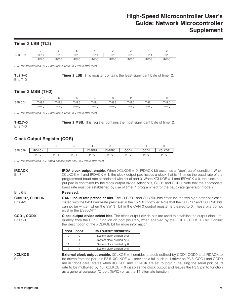 Timer 2 lsb (tl2), Timer 2 msb (th2), Clock output register (cor) | Maxim Integrated High-Speed Microcontroller Users Guide: Network Microcontroller Supplement User Manual | Page 74 / 221