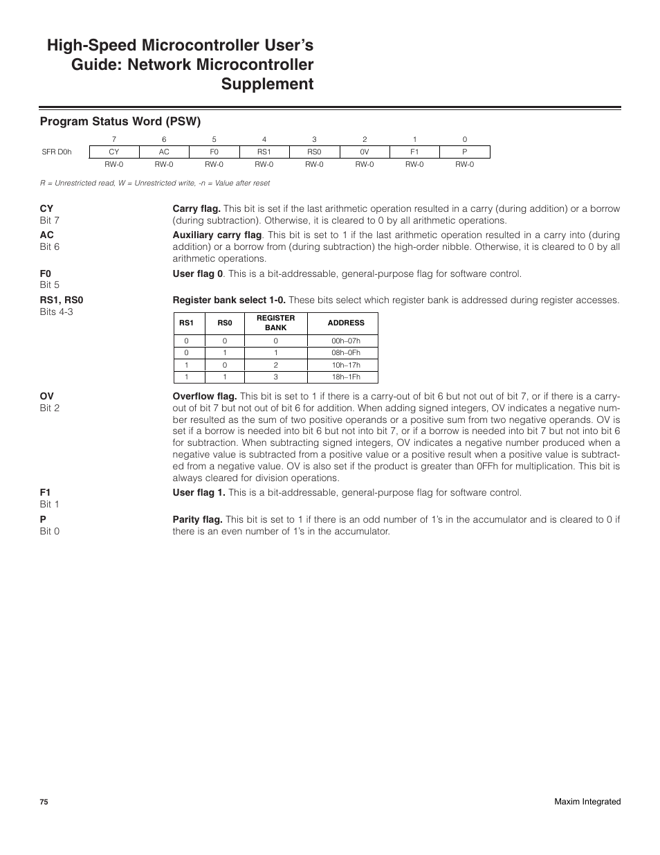 Program status word (psw) | Maxim Integrated High-Speed Microcontroller Users Guide: Network Microcontroller Supplement User Manual | Page 75 / 221