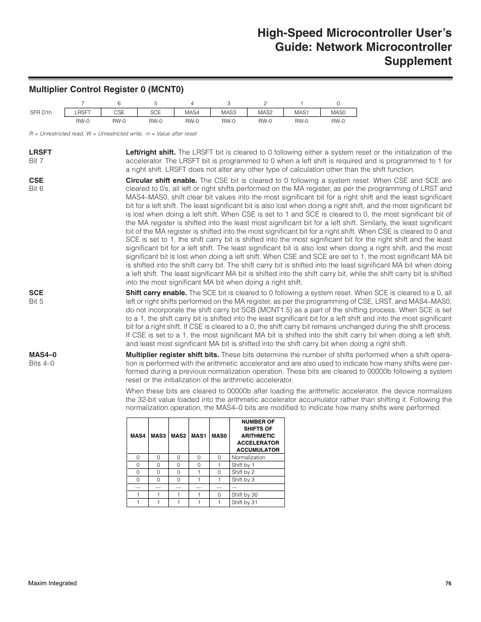 Multiplier control register 0 (mcnt0) | Maxim Integrated High-Speed Microcontroller Users Guide: Network Microcontroller Supplement User Manual | Page 76 / 221