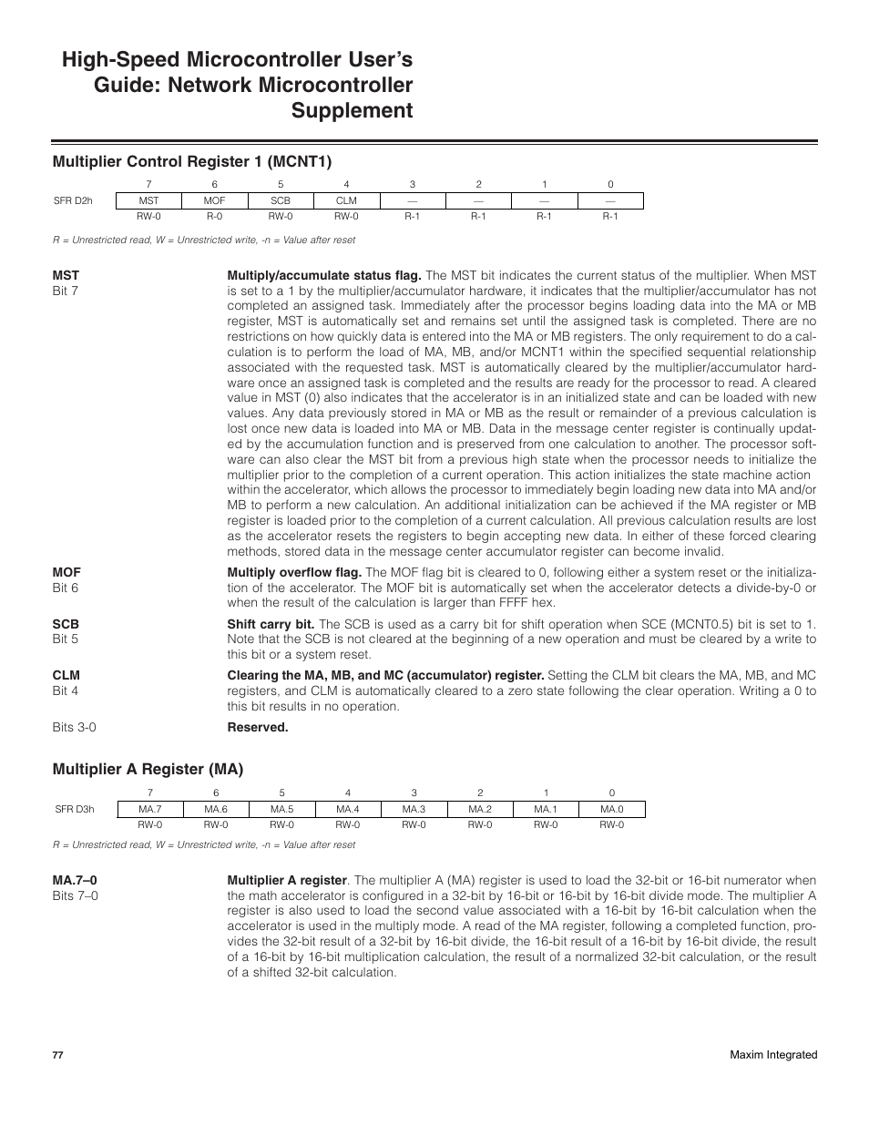 Multiplier control register 1 (mcnt1), Multiplier a register (ma) | Maxim Integrated High-Speed Microcontroller Users Guide: Network Microcontroller Supplement User Manual | Page 77 / 221