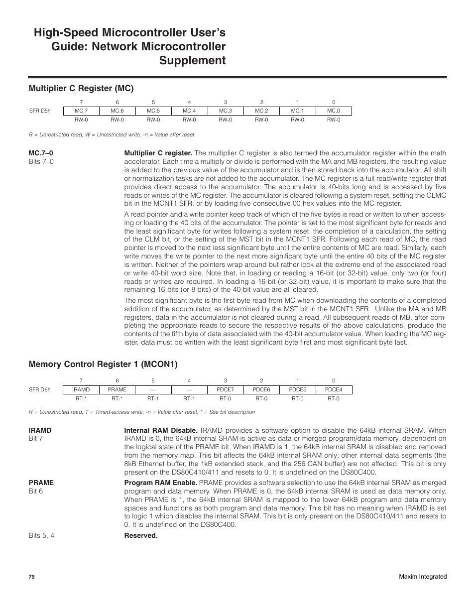 Multiplier c register (mc), Memory control register 1 (mcon1) | Maxim Integrated High-Speed Microcontroller Users Guide: Network Microcontroller Supplement User Manual | Page 79 / 221