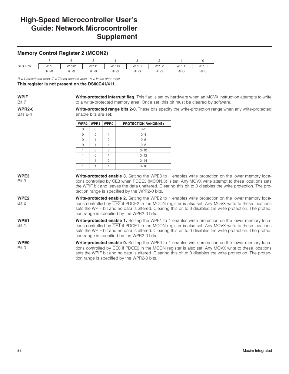 Memory control register 2 (mcon2), Watchdog control (wdcon) | Maxim Integrated High-Speed Microcontroller Users Guide: Network Microcontroller Supplement User Manual | Page 81 / 221