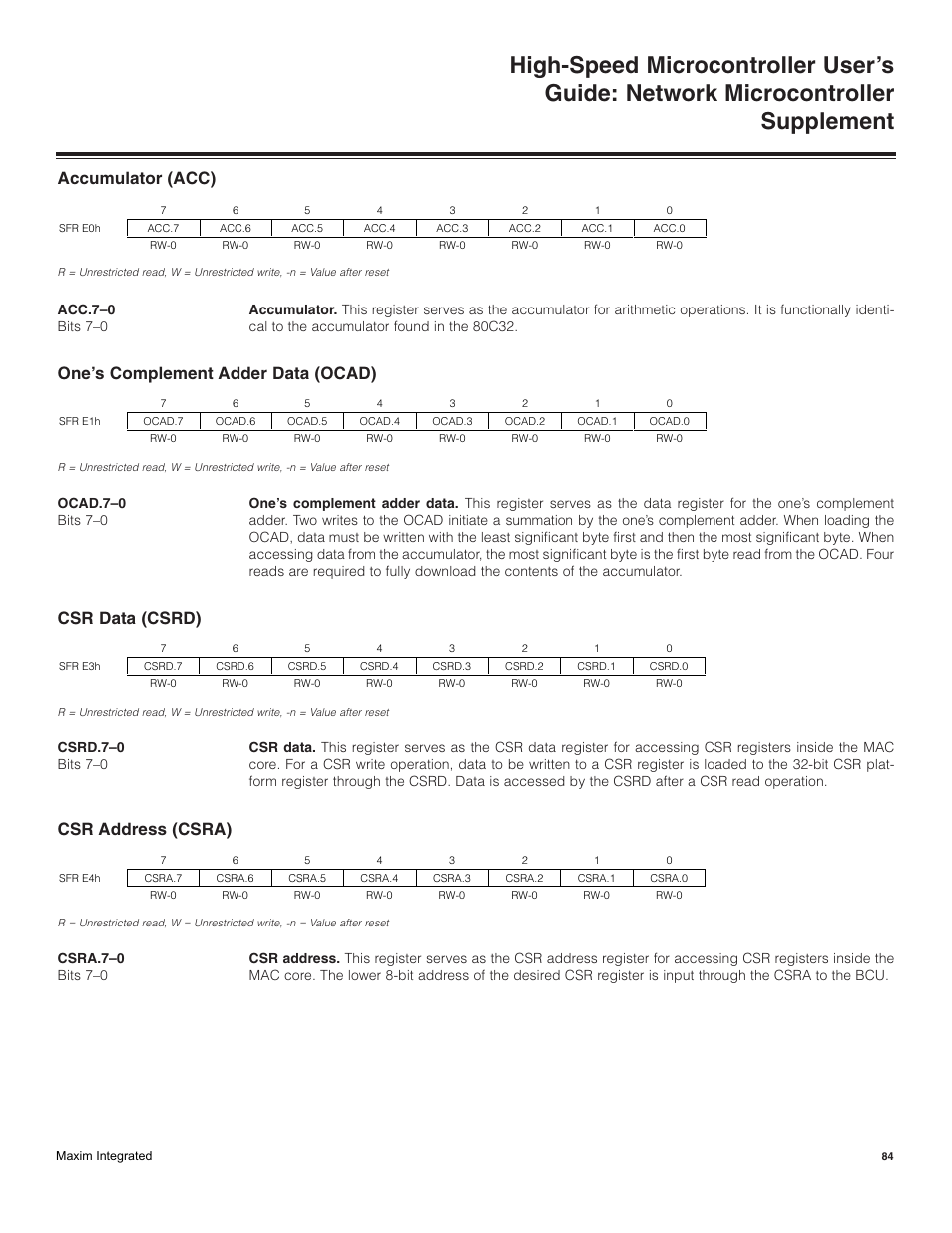 Accumulator (ac), One’s complement adder data (ocad), Csr data (csrd) | Csr address (csra), Accumulator (acc) | Maxim Integrated High-Speed Microcontroller Users Guide: Network Microcontroller Supplement User Manual | Page 84 / 221