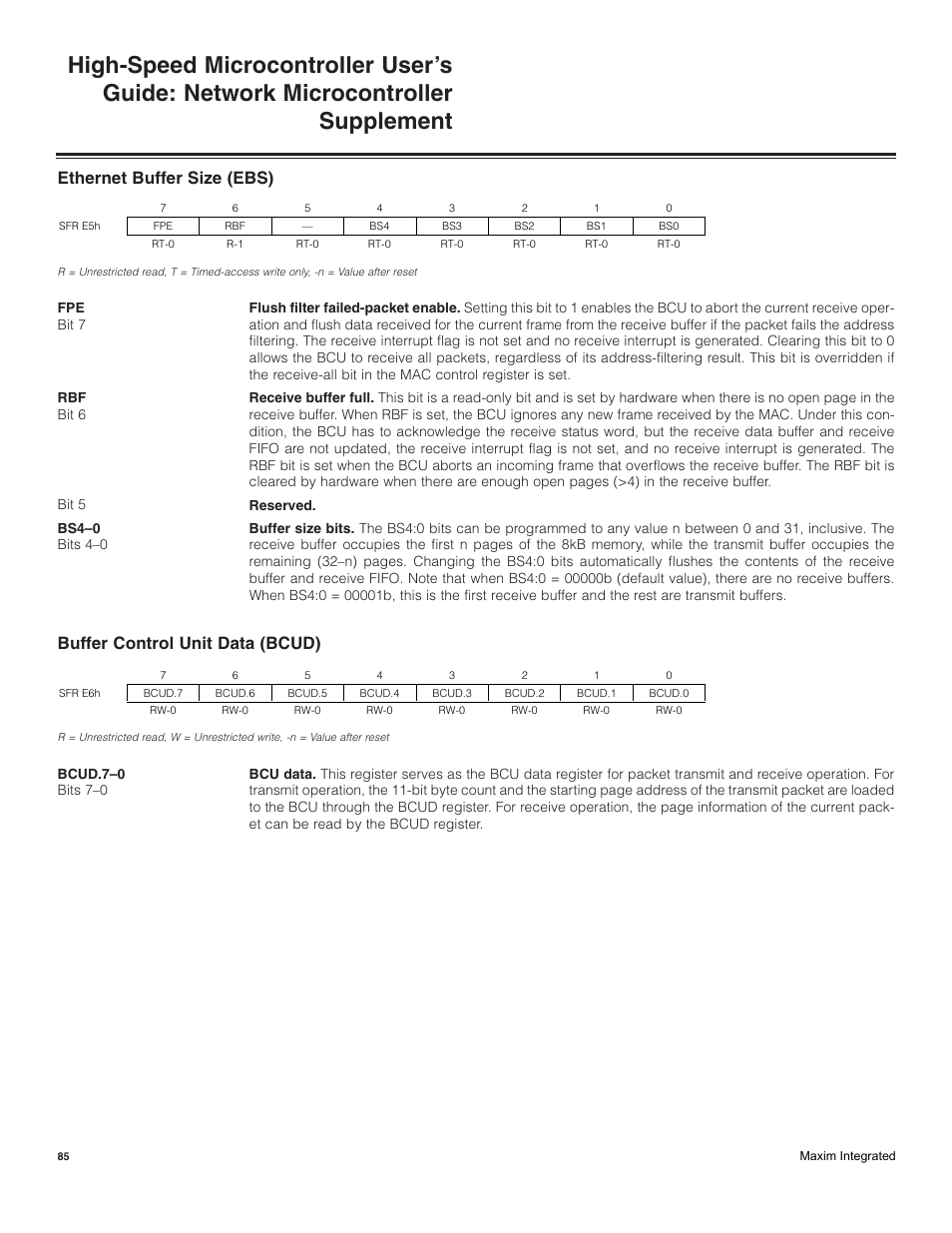 Ethernet buffer size (ebs), Buffer control unit data (bcud) | Maxim Integrated High-Speed Microcontroller Users Guide: Network Microcontroller Supplement User Manual | Page 85 / 221