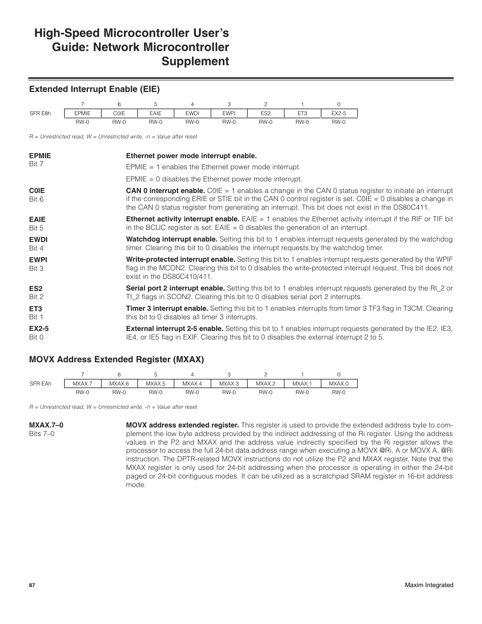 Extended interrupt enable (eie), Movx address extended register (mxax) | Maxim Integrated High-Speed Microcontroller Users Guide: Network Microcontroller Supplement User Manual | Page 87 / 221