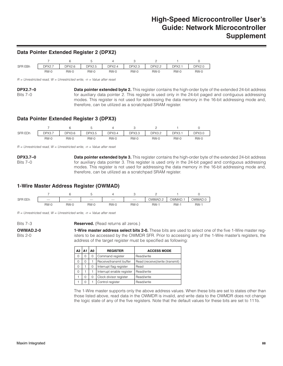 Data pointer extended register 2 (dpx2), Data pointer extended register 3 (dpx3), Wire master address register (owmad) | Maxim Integrated High-Speed Microcontroller Users Guide: Network Microcontroller Supplement User Manual | Page 88 / 221