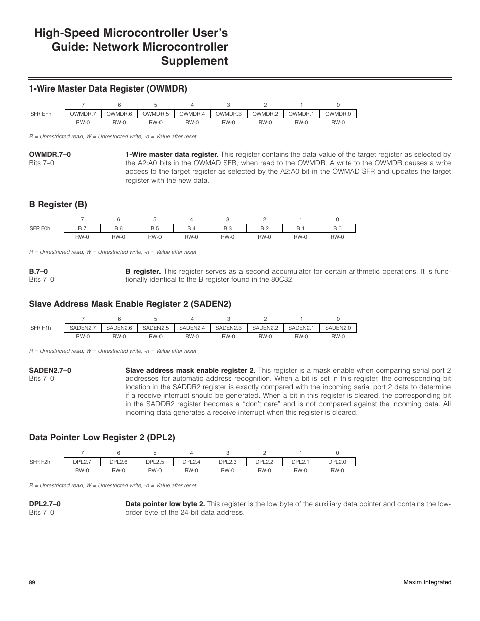Wire master data register (owmdr), B register (b), Slave address mask enable register 2 (saden2) | Data pointer low register 2 (dpl2) | Maxim Integrated High-Speed Microcontroller Users Guide: Network Microcontroller Supplement User Manual | Page 89 / 221