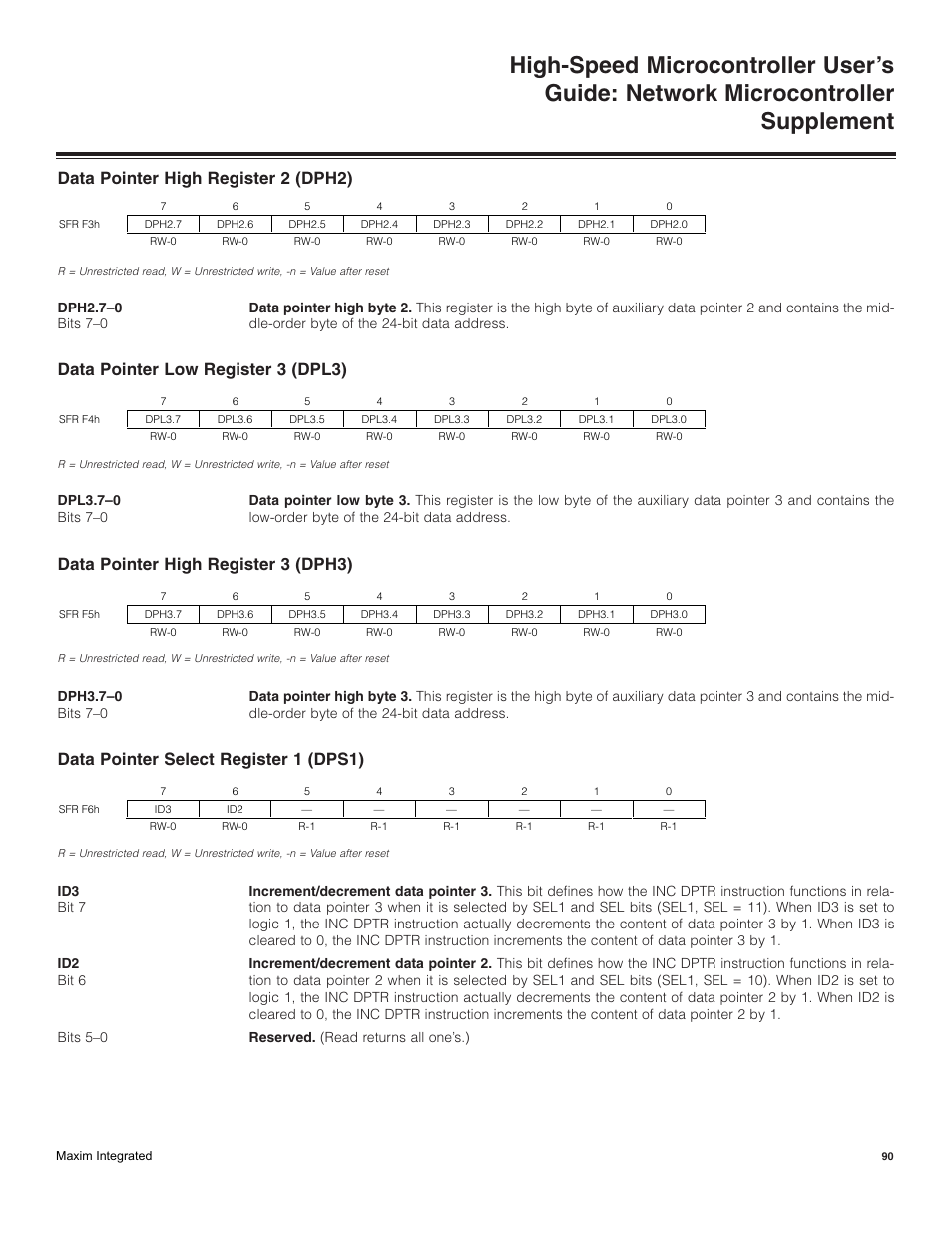 Data pointer high register 2 (dph2), Data pointer low register 3 (dpl3), Data pointer high register 3 (dph3) | Data pointer select register 1 (dps1) | Maxim Integrated High-Speed Microcontroller Users Guide: Network Microcontroller Supplement User Manual | Page 90 / 221