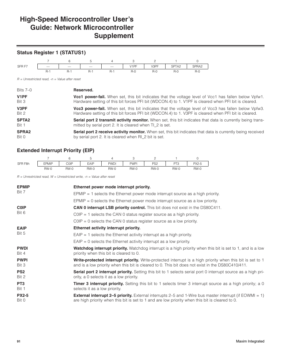 Status register 1 (status1), Extended interrupt priority (eip) | Maxim Integrated High-Speed Microcontroller Users Guide: Network Microcontroller Supplement User Manual | Page 91 / 221