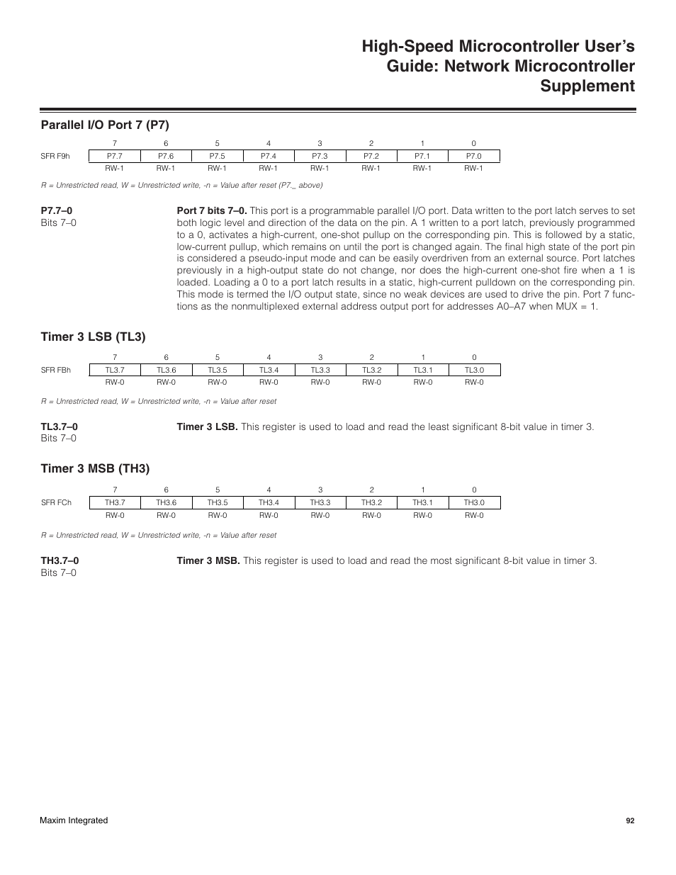Parallel i/o port (p7), Timer 3 lsb (tl3), Timer 3 msb (th3) | Parallel i/o port 7 (p7) | Maxim Integrated High-Speed Microcontroller Users Guide: Network Microcontroller Supplement User Manual | Page 92 / 221